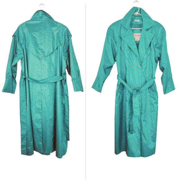 Vintage Jackets & Blazers - Vintage Teal Raincoat Trench Coat Size 16 Shiny Tailored Turquoise Blue Green